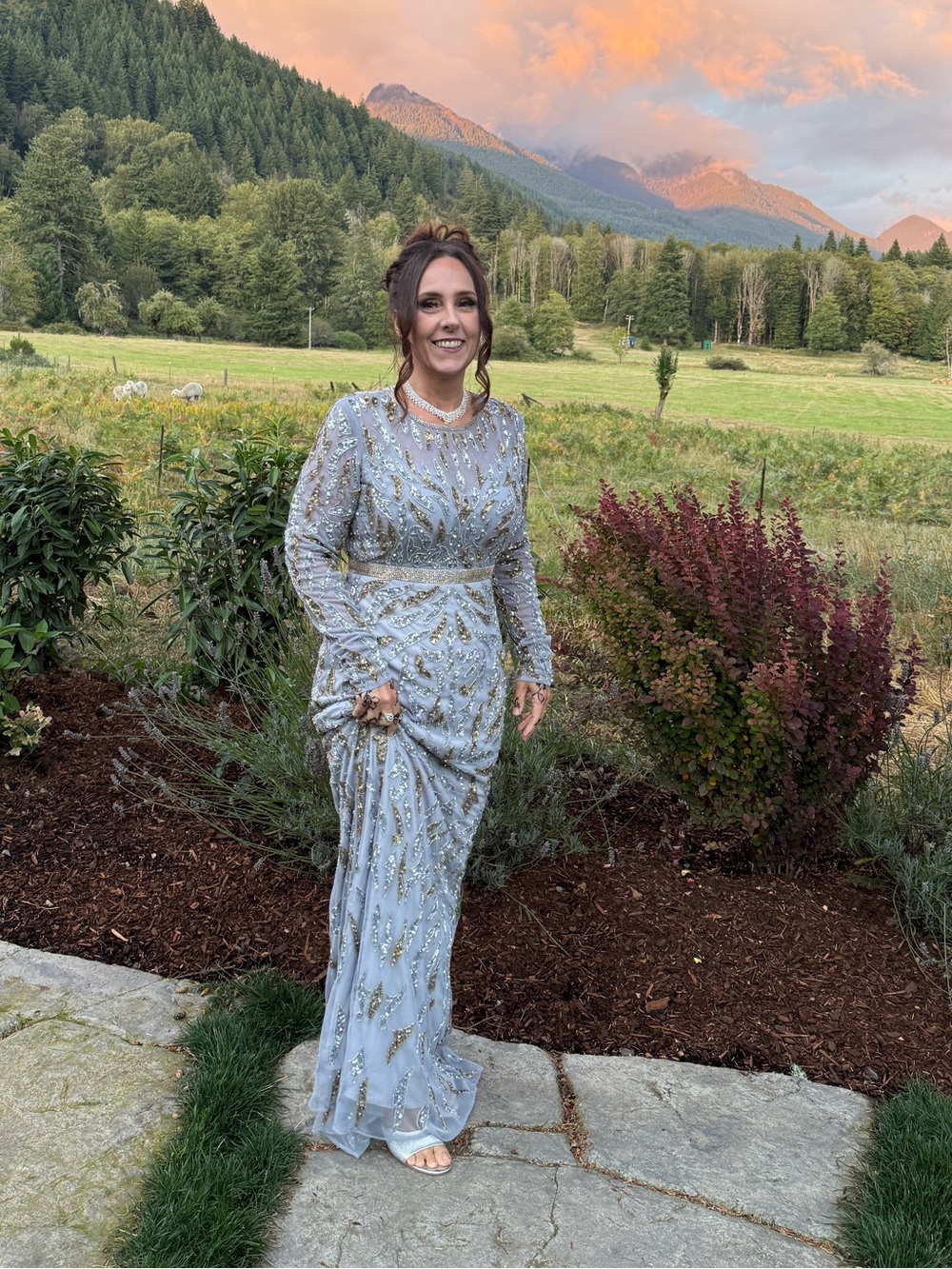 Mac Duggal Long-Sleeve Sequin Gown in Light Gray & Gold